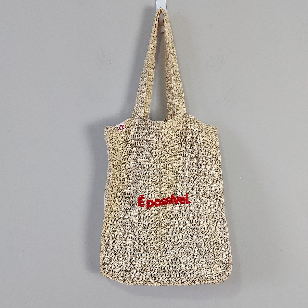 Raffia Woven Beach Tote Bag Natural Beige Crochet Handmade Embroidery Logo